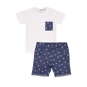 NEW EMC boys' jersey pocket tee and shark short set in white/chambray